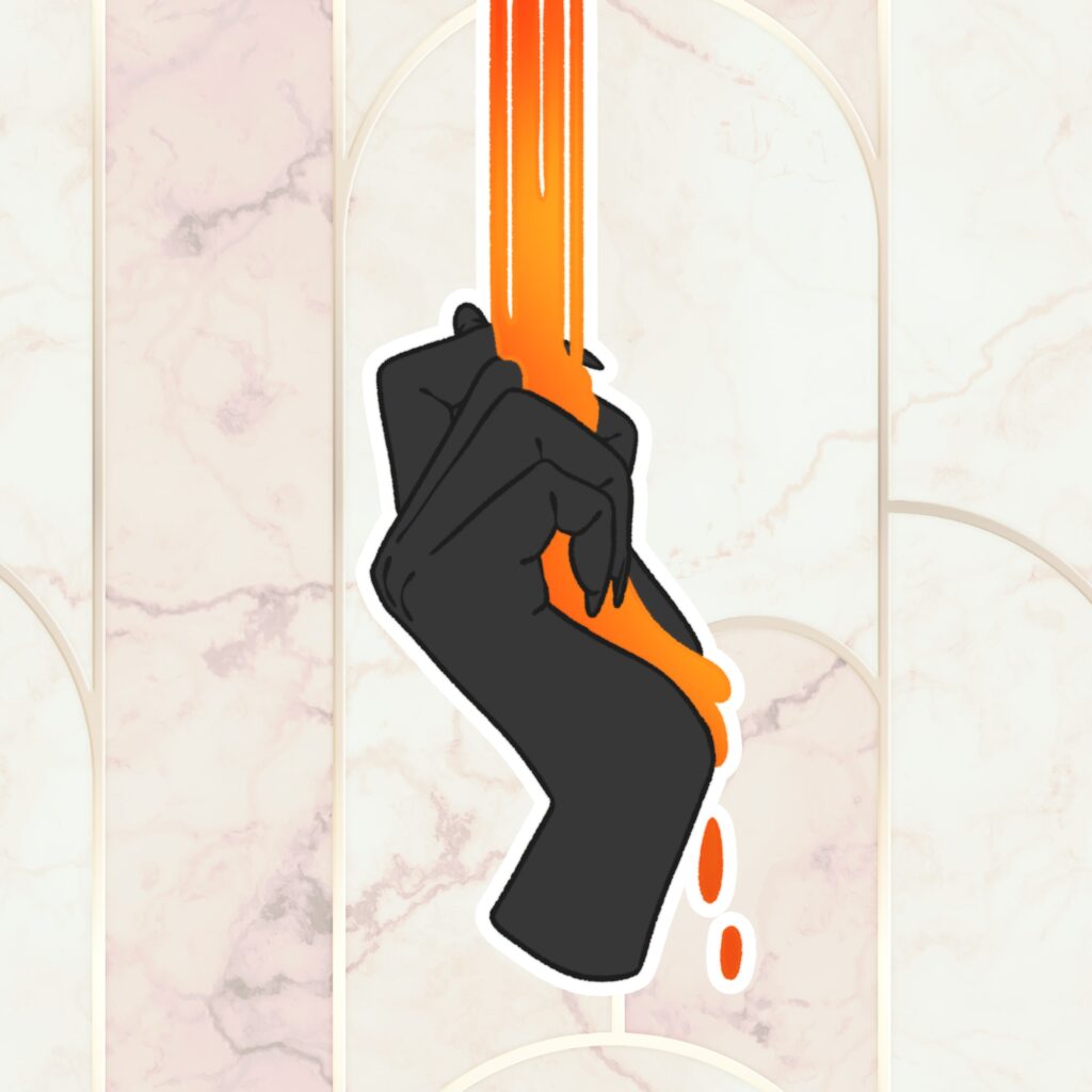 Schwarze Hand mit goldener, Feuer Flüssigkeit.