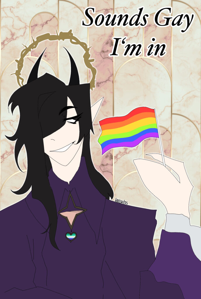 Bild vom OC "Karsten" der eine Flagge hoch hält die einen Regenboge symbolisiert. Passend zur Pride Month Quest