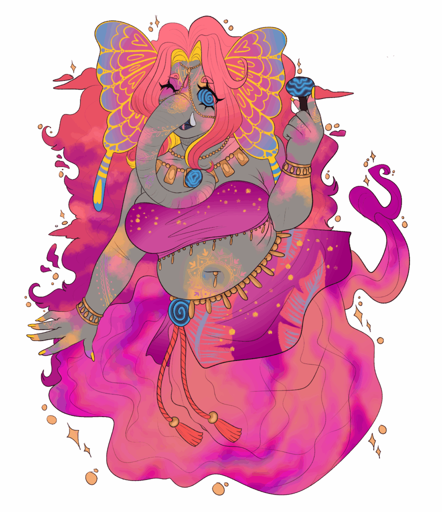 Elefanten Anthro Dame mit vielen bunten Flecken und Pilzen in der Hand